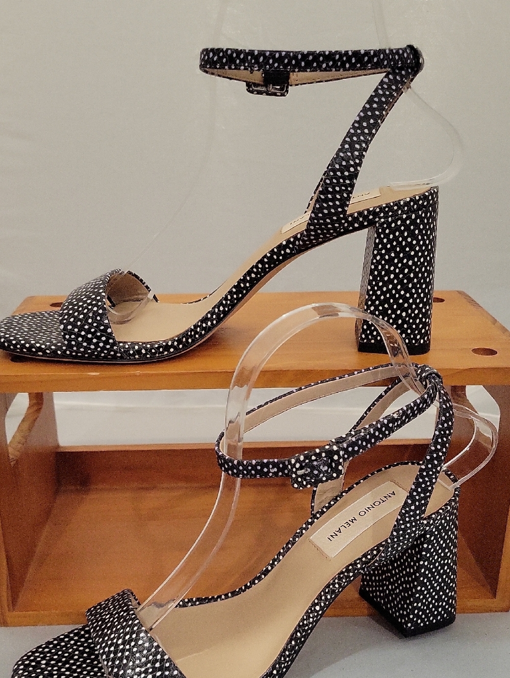 ANTONIO MELANI Black and White Polka Dot Ankle-Strap Block Heels